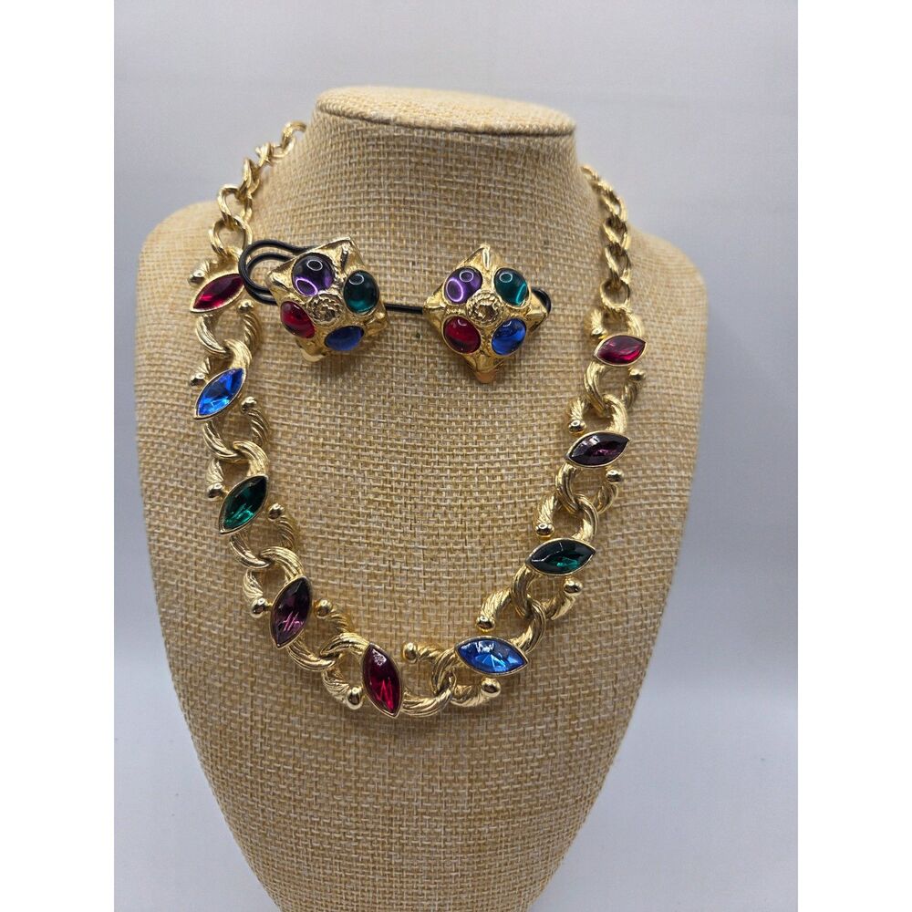 1739. Vintage Gold Tone Chain Necklace and Clip On Earring Set with Multi Colore
